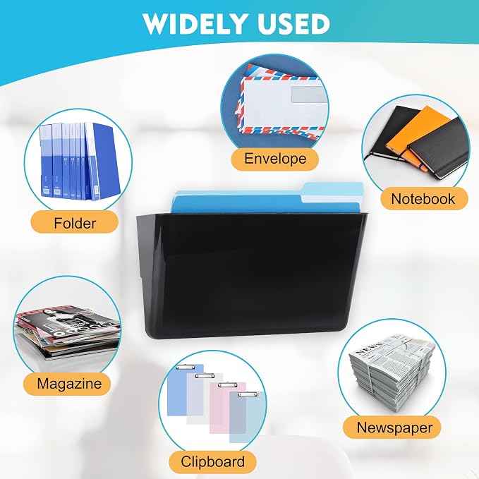 6 Pack Black Plastic Single Pocket Hanging File Organizer, Wall Mount Paper Mails Magazines Holder, Mounted Folder Bins for Office School and Home, 12.99x4.13x7.48 inches - Image 6