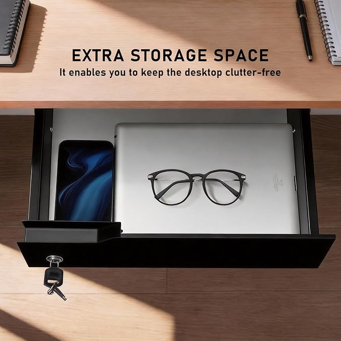 Under Desk Drawer Storage with Lock, Metal Undermount Table Drawer, Ball Bearing Slides Out Tray Organizer for Paper, Pencil, and Laptop 16"x11.8"x3.6", Black - Image 6