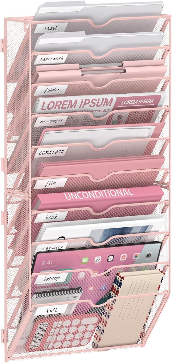 10-Tier Wall File Organizer and Hanging File Organizer, Pink | Wall Organizer and Wall Mounted File Holder with 10 Pockets and Label Panels for Files, Mail, Folders, Magazines and Paper by JMHUD