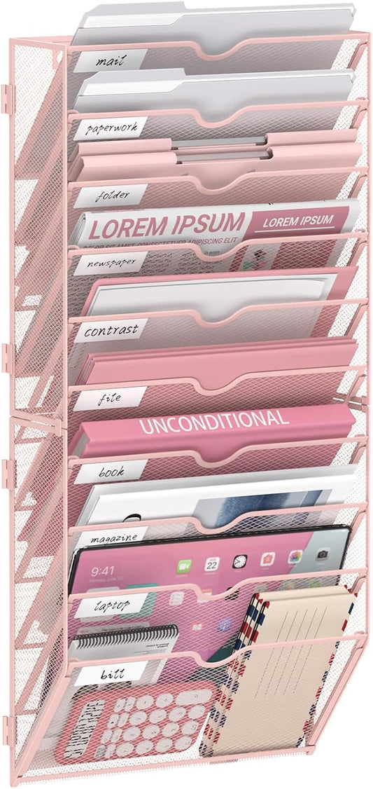 10-Tier Wall File Organizer and Hanging File Organizer, Pink | Wall Organizer and Wall Mounted File Holder with 10 Pockets and Label Panels for Files, Mail, Folders, Magazines and Paper by JMHUD