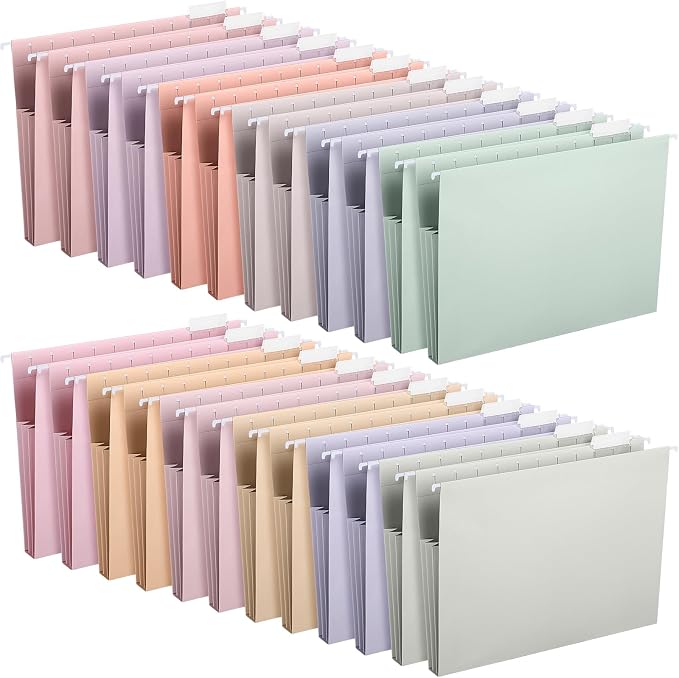 Yaomiao 24 Pack Hanging File Folders, 3 Pleats,Fresh Color | Letter Size File Cabinet Folders, with 1/5-cut Adjustable Tabs, Expandable Document Cabinet, Home Desk Office Organization by Yaomiao