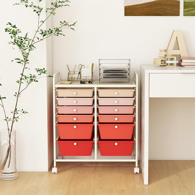 Moccha 12-Drawer Rolling Storage Cart - Utility Cart on Wheels with Lockable Casters for Craft Art Supply Paper Salon, Mobile Drawer Carts for Classroom Teacher School Office (Gradient Pink) - Image 2