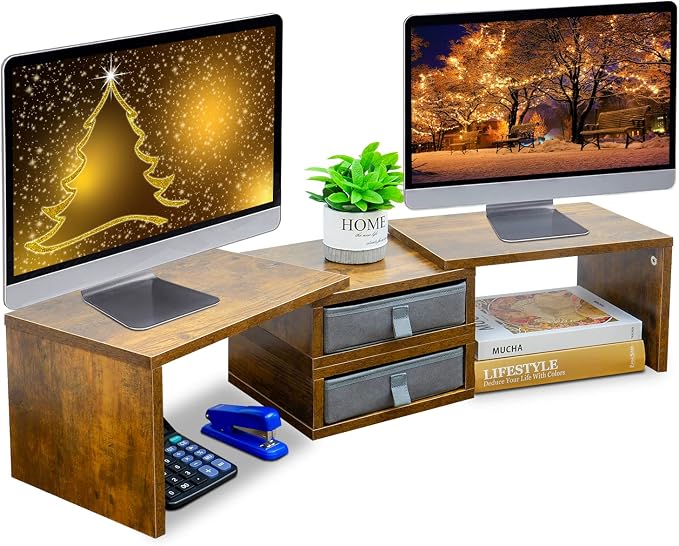 TEAMIX 2 Pack and 2 Drawers Rustic Brown Wood Monitor Stand Riser for 2 Monitors/Laptop/PC, Wood Screen/TV Stand Desk Organizer. - Image 2