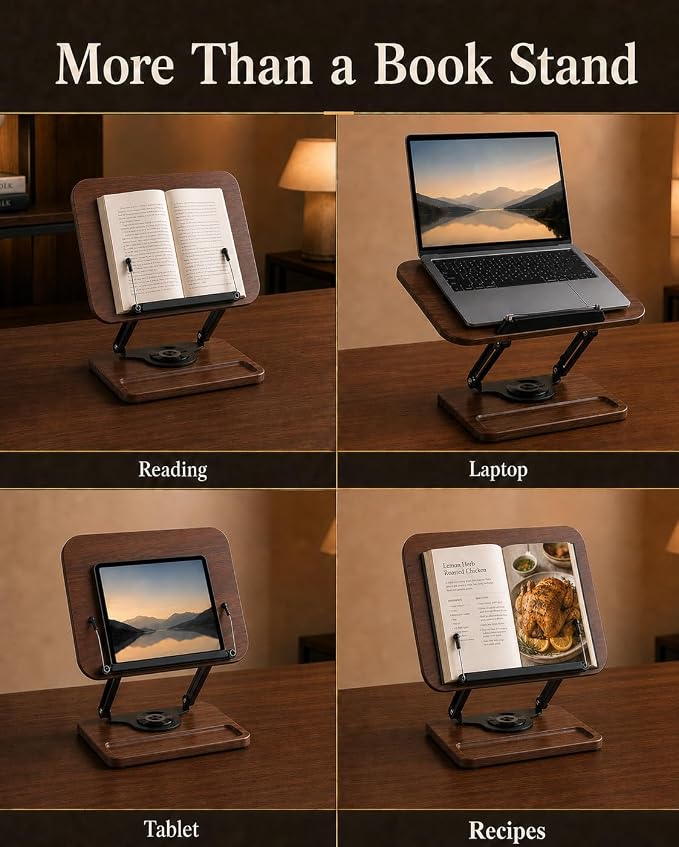 Adjustable Book Stand with Light, Book Holders for Reading Hands Free | Ergonomic Stand for Cookbooks, Bibles, Laptops & Tablets with Page Clips and 360° Rotation - Image 8