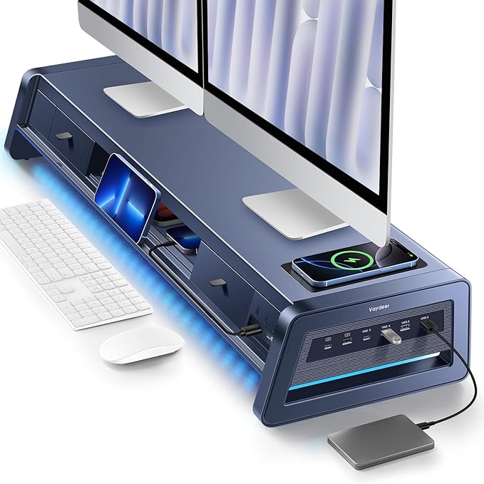 Vaydeer All-in-One Dual Monitor Stand Riser with 2 Drawers, 8USB Ports and Wireless Charging Pad with LED Light Strip for 2 Monitors , Desk Organizer for PC, iMac (Metal, 39.3 inches) by Vaydeer