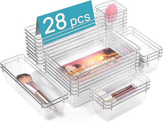 Vtopmart 28 Pack Clear Drawer Organizer Bins, 4 Sizes Storage Trays | Clear Storage Bins for Makeup, Bathroom, Kitchen & Office Drawers, Multi-Size Organizers Keep Toiletries, Tools & Essentials by Vtopmart