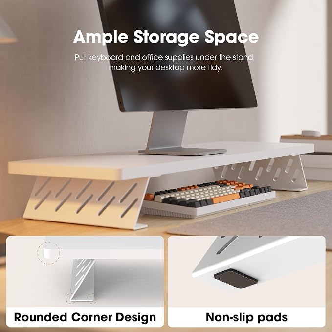 Fenge Monitor Stand Riser, Wooden & Metal Desk Shelf Organizer, White | 31.5in Computer Stand, Single Monitor Setup, for Compact Work Station, Multifunctional Monitor Shelf for Laptop, PC, Printer - Image 6
