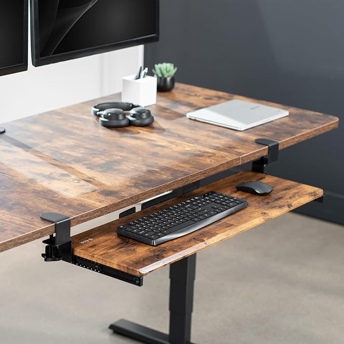 VIVO Vintage Brown Large 34 x 11 in Under Desk Keyboard Tray, MOUNT-KB15EN | Keyboard Tray for Typing, Slide Out Platform, Rustic, Extra Sturdy C-Clamp Mount System, Computer Drawer, Black Frame - Image 2