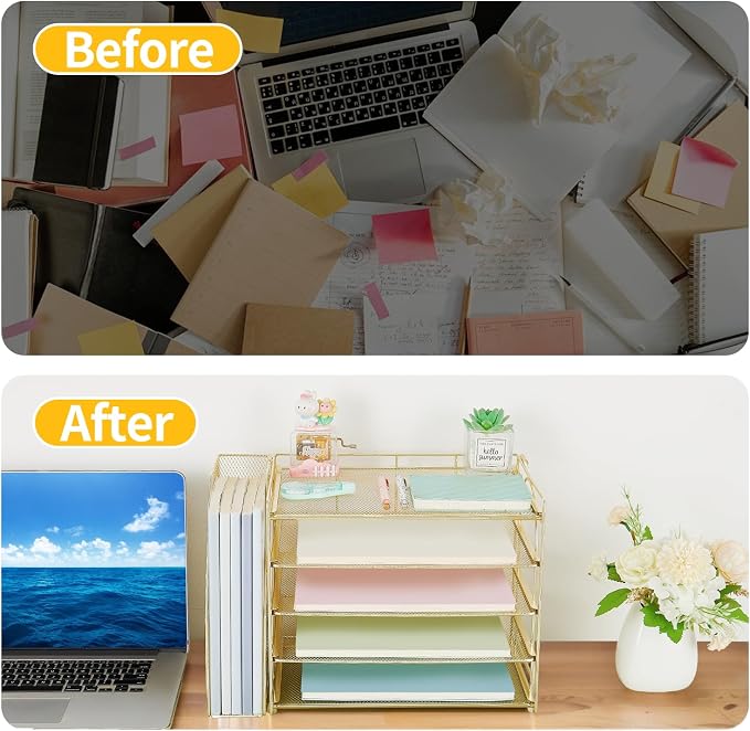 AUPSEN Gold Desk Organizers and Accessories, 5-Tier Desktop Paper File Organizer with Removable File Holder, Desk Accessories & Workspace Organization for Home Office Supplies (Gold) - Image 3