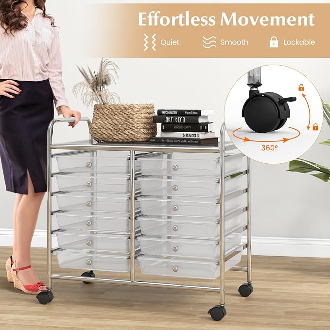 GOFLAME 12-Drawer Rolling Storage Cart, Multifunctional Art Craft Organizer Cart, Mobile Utility Storage Cart with Removable Drawers & Lockable Wheels, Craft Cart for Home Office School, Clear - Image 7