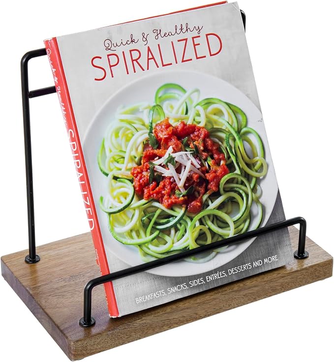 MyGift Acacia Wood Cookbook Stand, Black Metal Recipe Book Holder | Premium acacia wood and sturdy metal support recipes, tablets, or cutting boards while cooking, prepping, and baking by MyGiftHome