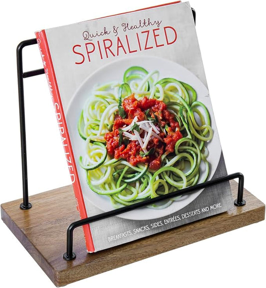MyGift Acacia Wood Cookbook Stand, Black Metal Recipe Book Holder | Premium acacia wood and sturdy metal support recipes, tablets, or cutting boards while cooking, prepping, and baking by MyGiftHome