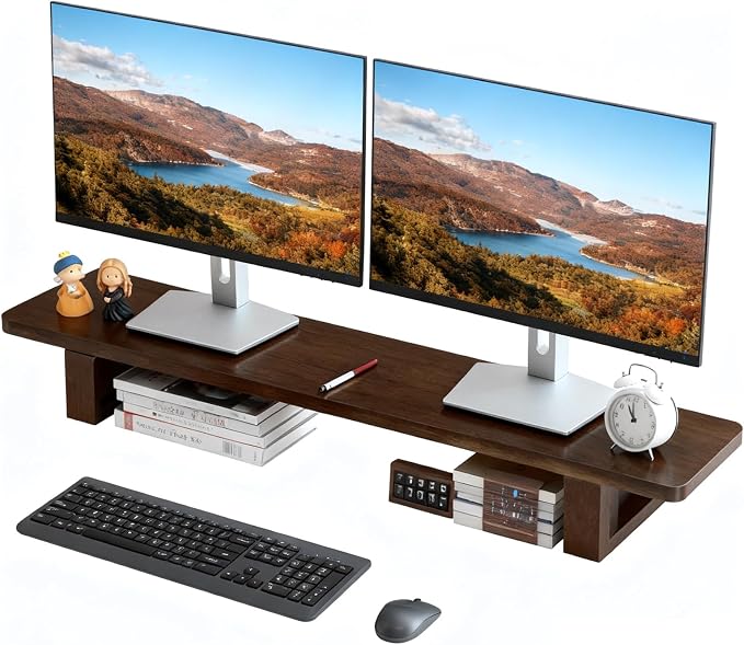 Dual Monitor Stand Riser, 47Inch Solid Wood Desktop Organizer with Non-Slip Pads, Holder for 2 Monitors, Laptops, TV, PC, Printer, Walnut Finish by SANHESHUN
