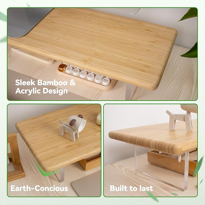 Bamboo Monitor Stand, Desk Shelf with Acrylic Legs and RGB Lights | 31.5-Inch Wide, 3.3-Inch Clearance, Fits Monitor, Laptop, Printer and Speakers for Small Desks - Image 5
