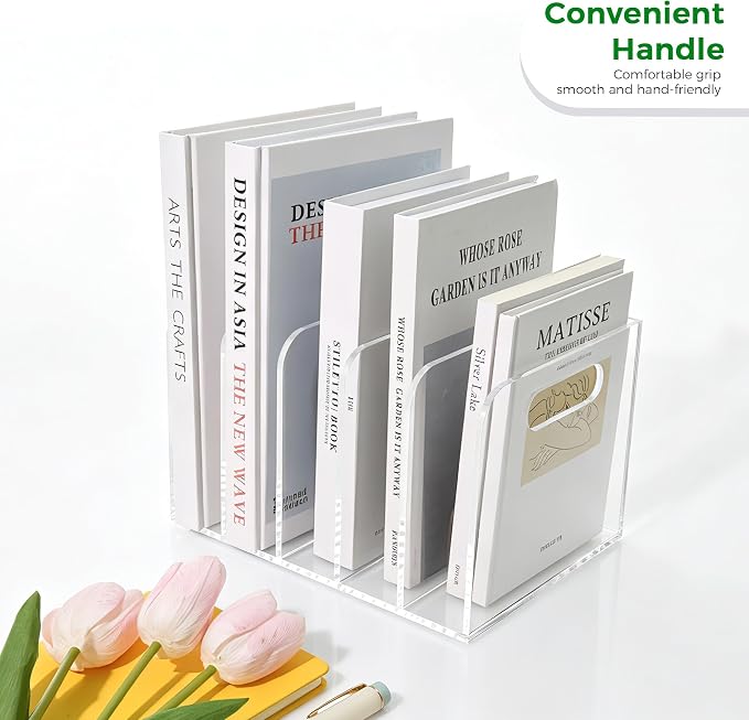 Lovemolly 5-Slot Clear Acrylic Magazine File Holder, Vertical Desk Organizer with Handle – No-Assembly Document Sorter for Office & Home, 7.48 x 10.04 x 6.3 in - Image 5