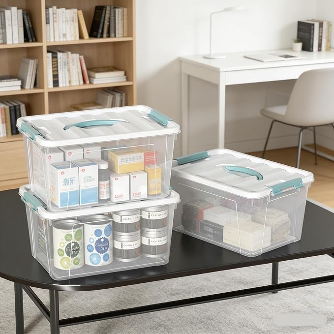 8-Pack Stackable Clear Storage Bins with Lids, 14-Qt Storage Box | Plastic Organizer Boxes with Buckle-Up Latches and Handle, Under Bed Closet Storage Containers - Image 6