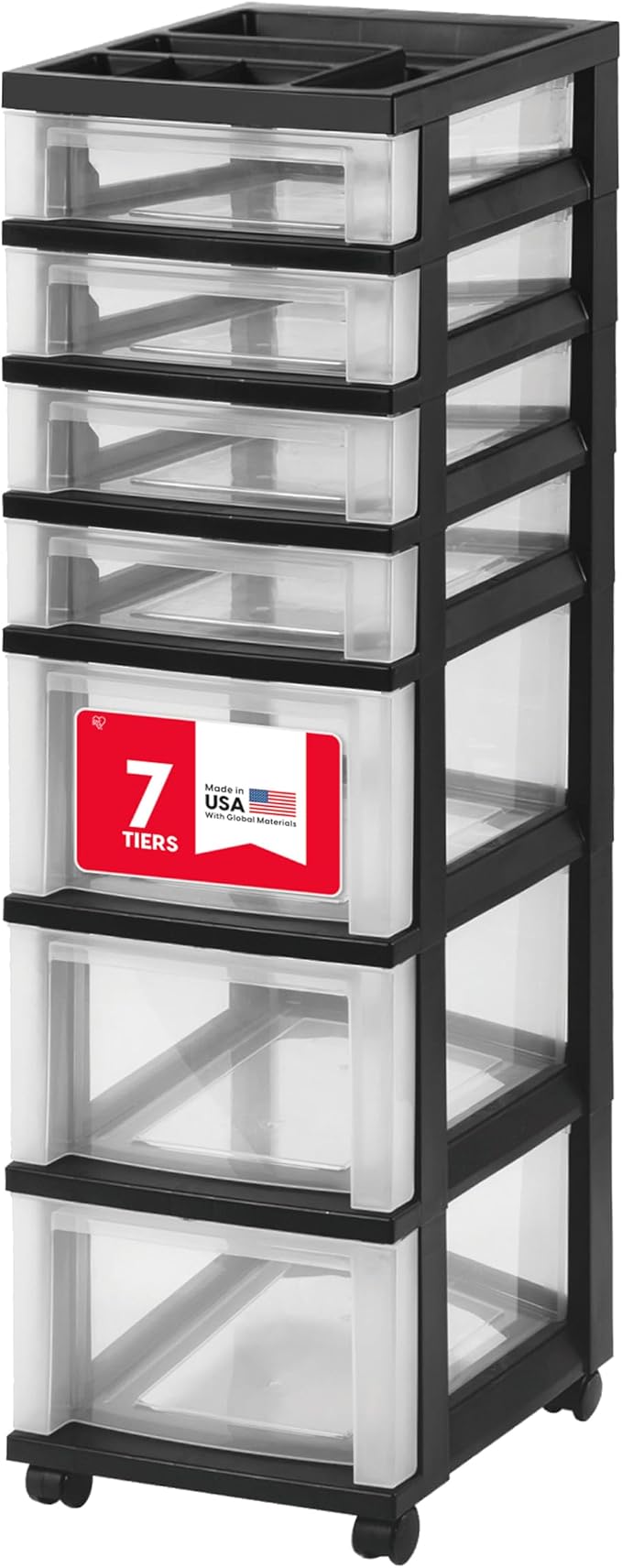 IRIS USA 7-Drawer Rolling Storage Cart, Black/Clear | Keep craft supplies, office essentials, classroom items, and accessories organized with easy-access drawers for daily use by IRISUSA