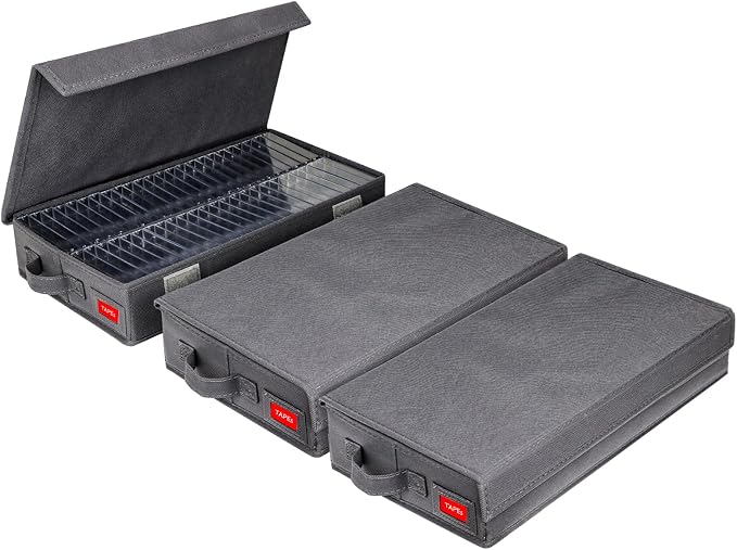 NUSWOR Upgrades Cassette Tape Storage Box - 3Pack - Grey | Dust-proof Cassette Racks with Lid - Audio Cassette Holder - Holds 144 Cassette Cases - 16.34 x 9.25 x 3.4 Inches - by NUSWOR