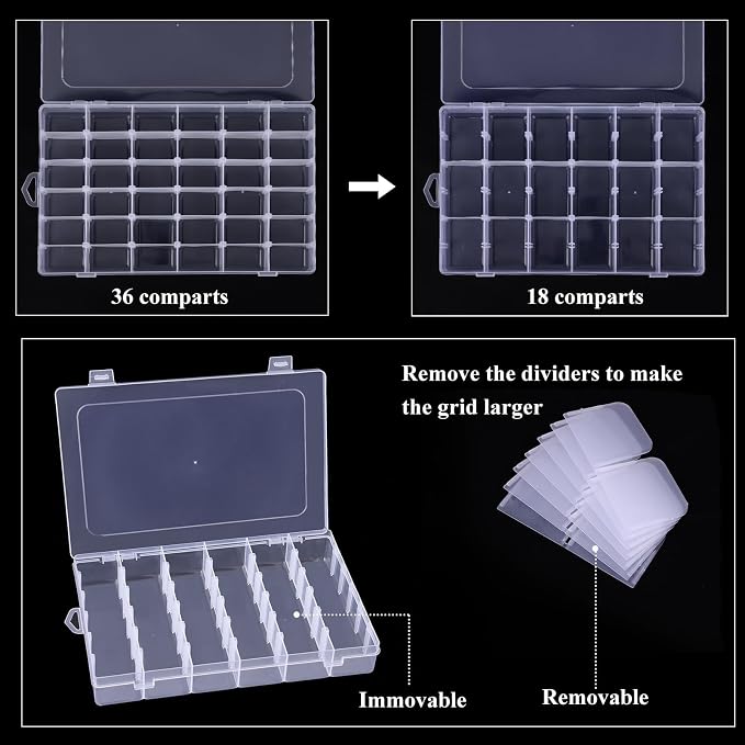 Bead Organizer Storage 4 Pack 36 Grid Jewelry Tackle Craft Box Adjustable | Clear Plastic, Adjustable Dividers, Label Stickers Included, for Beads Jewelry Crafts Fishing Tackle and Small Parts - Image 4