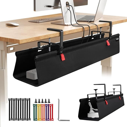 Under Desk Cable Management Tray No Drill,36Inch Cable Management,Black | Clamp and Screw Mount Cable Management Tray, Extra Large Capacity Desk Cable Management, Fabric Wire Management for Office by SUREUP9