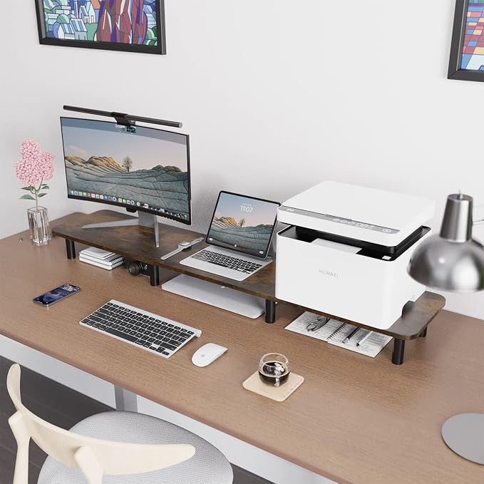 Dual Monitor Stand - 43.7 inch Extra Long Wide TV Stand - Wood & Steel Leg Desktop Riser - Desk Organization - Home Office (Vintage) - Image 8