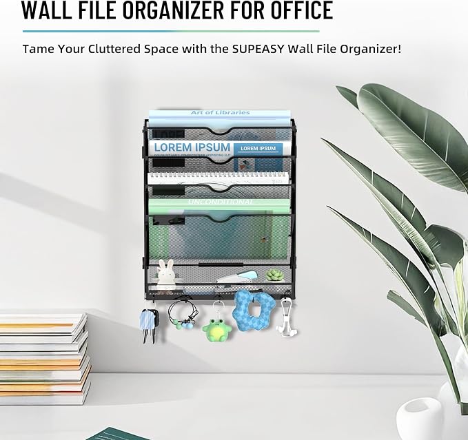 5-Tier Wall File Organizer with 5 Hooks, Wall Mounted Mail Organizer | File Holder Organizer, Metal Mesh Office Wall Organizer for Home, School & Classroom - Image 4