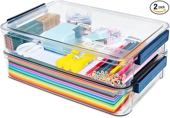 CATOOMUU 2-Pack 9x13 Clear Plastic Project Case Stackable Storage Box | 5.5Qt container with snap-tight latch, organizer for A4 files, photos, documents, scrapbooking, craft and art supplies by CATOOMUU