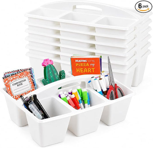 6 Pack Assorted Colors 6 Compartment Classroom Caddy with Handle Portable Plastic Storage Classroom Caddies Organizer for Classrooms Supply Teacher Office Table Desk(White) by Yakydesign