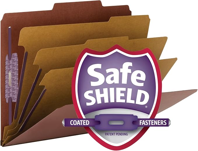 Smead Pressboard Classification File Folder with SafeSHIELD Fasteners, 3 Dividers, 3" Expansion, Letter Size, Red, 10 per Box (14092) - Image 5