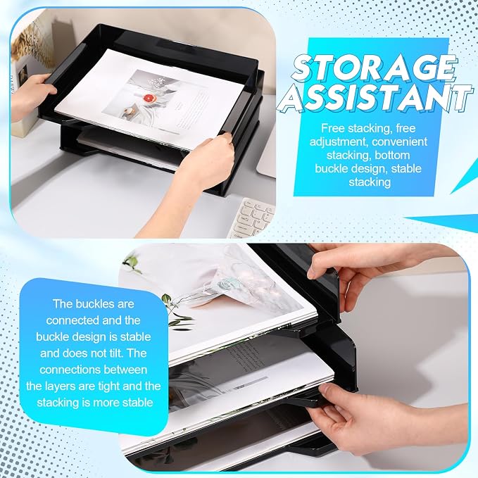 DoubleFill 4 Pcs Stackable Letter Tray Rectangular Plastic Desk Organizer 13 x 9.5 x 2.6 in Paper Holder File Tray Accessories Rack for Desktop Office Desk Drawers (Black) - Image 5