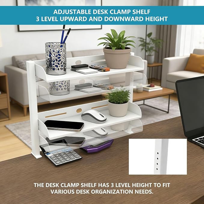 Clamp on Desk Shelf,3 Tier Desktop Organizer,Adjustable Clamp on Desk Top Organizer with Under Desk Hidden Storage Basket&Hooks,No Drilling Desk Clamp Storage Shelves for Working Gaming Accessories - Image 4