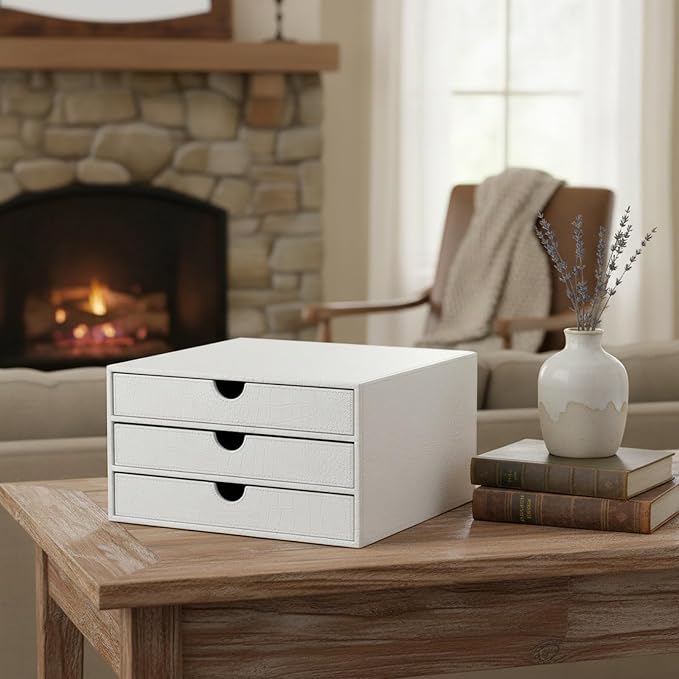 UnionBasic Document Organizer, 3-Drawer File Cabinet Document Storage Box, Office Desktop Filing Organizer, Croco White - Image 2