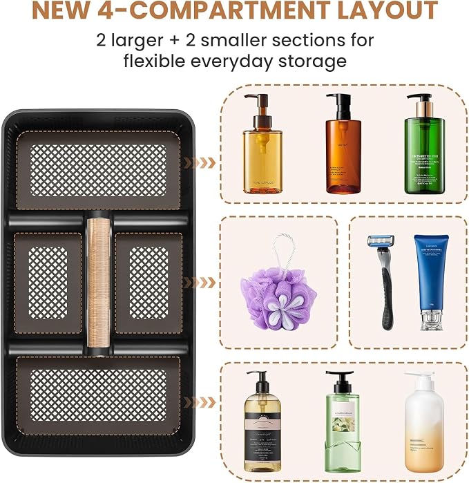 BYUNER Plastic Shower Caddy Dorm: Portable Hard Shower Basket with Handle, 4 Divided Compartments, All-Side Drainage, Bathroom & Cleaning Caddy for College Dorm Room Essentials, Black/wood grain - Image 6