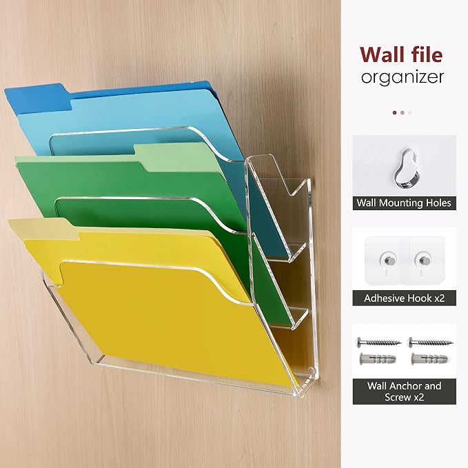 DINGHUO 3 Pockets Acrylic Hanging Wall File Organizer for Office | Wall Mounted Magazine File Holder for Mail Paper Document Organization, No Assembly Required, Hooks Screws Included - 1 Pack - Image 3