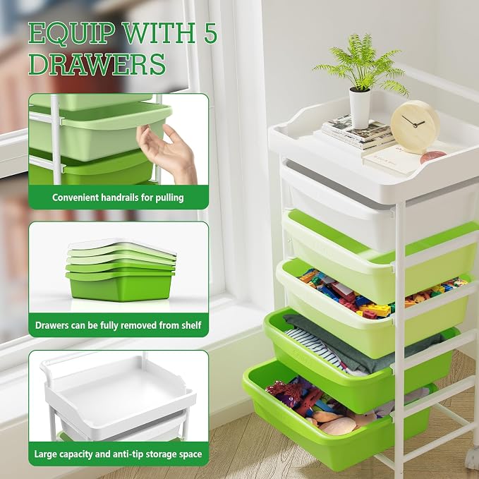 5 Drawers Plastic Rolling Storage Cart with Wheels, Teacher Supply | Green, 32 inch, Skinny, Craft Art Organizer, Utility Cart, Home Office Bedroom Dorm Classroom Supply - Image 4