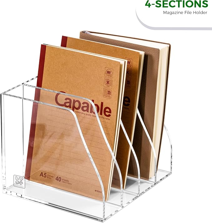 Lovemolly Acrylic Magazine File Holder – 4-Slot Clear Desk Organizer, Vertical Document Sorter for Office, Home & Classroom, No-Assembly Tabletop Rack for Folders, Books & Tablets, 7.09x8.07x6.3 in - Image 5