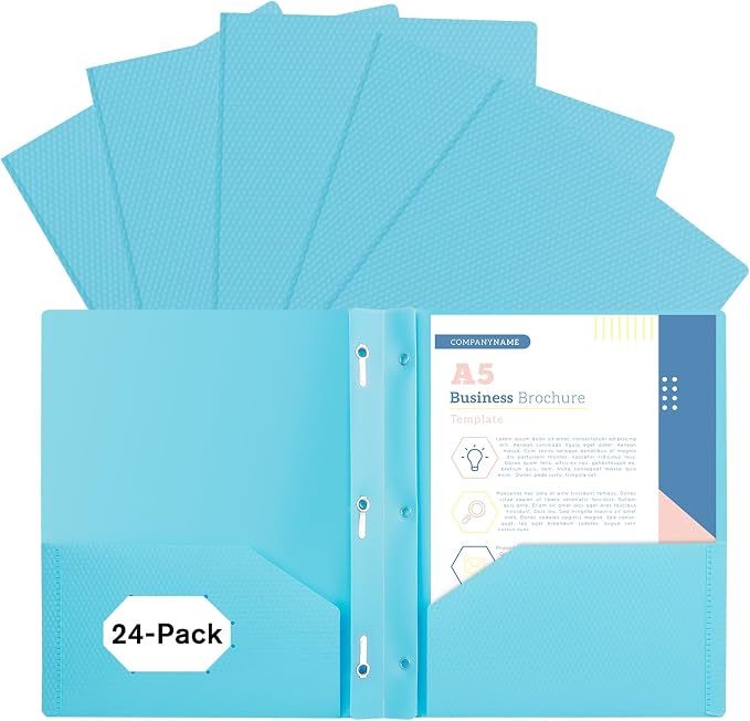 24-Pack Plastic andPockets and Prongs,2-Pocket and3 Fasteners, Pastel Folders Holds 8-1/2" x 11" Paper for School/Office/Home, Blue by EEHZTSIOFFICE