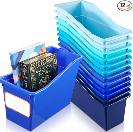 Teling 12 Pcs Book Bins Bulk for Classroom Storage Plastic Magazine Holder with Label Interlocking File Folder Organizer Binder Container Box for School Office Desktop Bookshelf Home (Ocean Blue) by Teling
