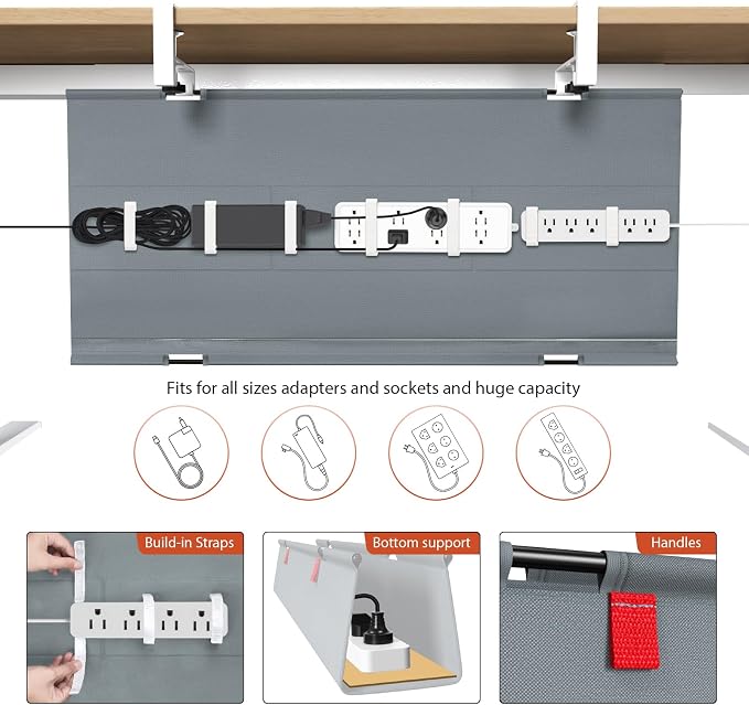 Univivi No Drill Under Desk Cable Management Tray, 36 inch Cable Management | Clamp/Screw Mount Desk Cord Organizer, Premium Fabric Cord Management, Large Capacity Desk Cable Organizer for Office, Home - Image 2