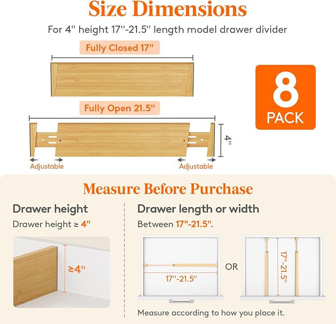 Lifewit 4" High 8 Pack Bamboo Drawer Dividers 43-54cm/17-21.5" Adjustable Wooden Drawer Organizer for Clothes/Utensils, Expandable Drawer Separator for Dresser/Kitchen/Bedroom/Office Organization - Image 2