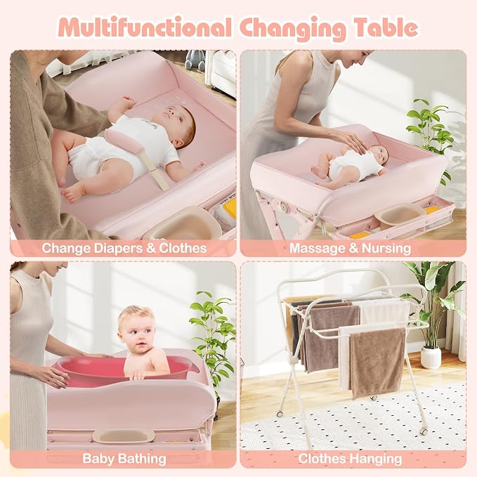 INFANS Baby Changing Table with Wheels, Portable Folding Diaper Station Nursery Organizer with Storage Basket, Hanging Rack, Adjustable Height, Safety Belt for Newborn Infant (Light Pink) - Image 4