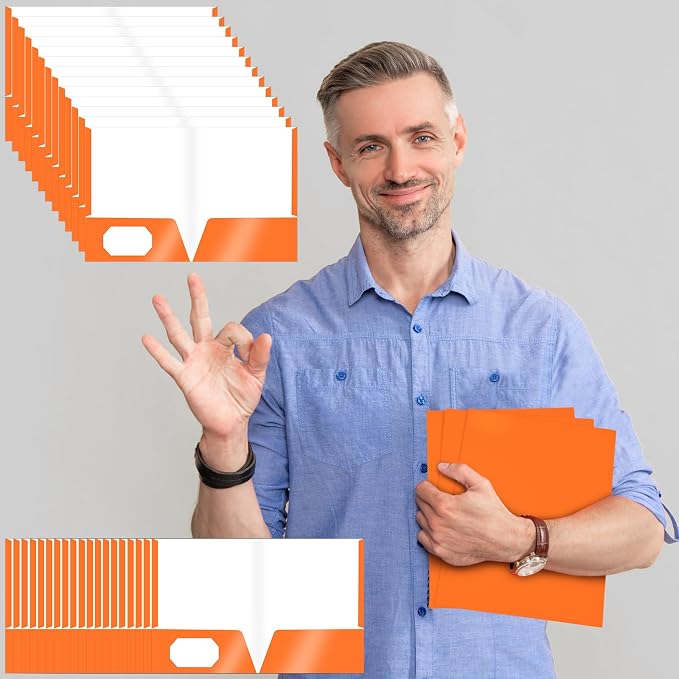 Jutom 50 Pcs 2 Pocket Glossy Paper Folders Glossy Paper Laminated Portfolios, Letter Size, Presentation Folders with Pockets for Office Teacher Worker Supplies (Orange) - Image 5