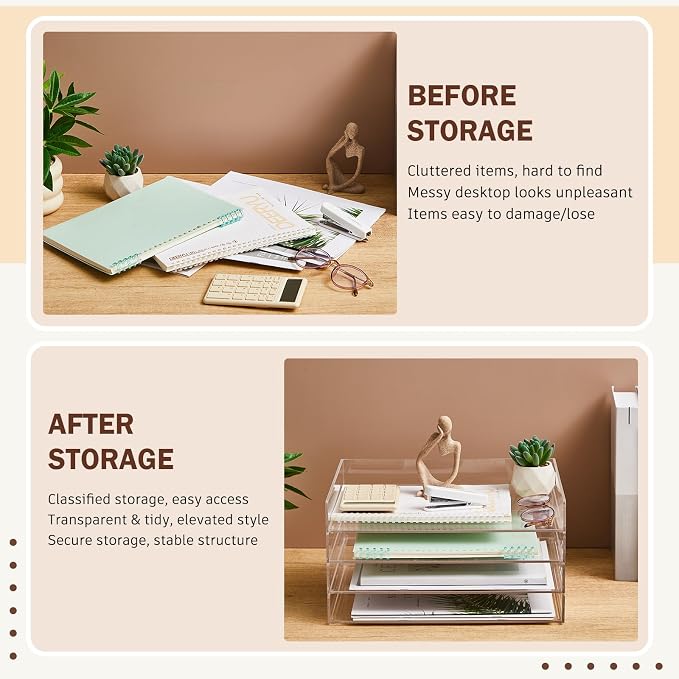Harloon 4 Tier Acrylic Paper Tray Organizer, Heavy Duty Stackable Clear Organizer for A4/Letter Paper, Acrylic File Storage for Desk, Office Workspace, No Assembly Required, 13 x 10 x 1.7 Inches - Image 5