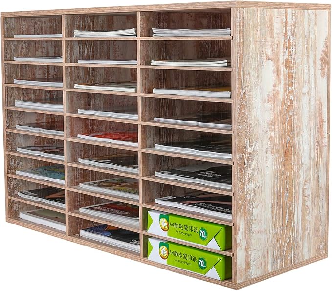 Mail Sorter, Wood Literature Organizer, Student Mailbox for Classroom, Desktop Bill Paper Organizer for Office Home School, 27 Compartments, Retro White by PAG