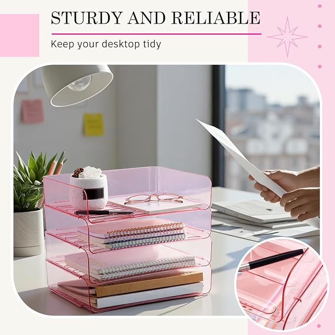 Harloon 4 Tier Pink Acrylic Paper Organizer 13 x 9.8 x 3 Inches Letter Tray Desk File Organizer Stackable Documents Clear Letter Paper Holder Office Tray for A4, Office Home File Desktop Storage - Image 6