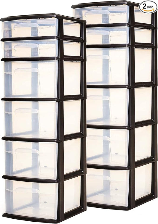 HOMZ 2-Pack Drawer Tower, 6-Tier Clear Plastic Storage Organizer Cart, Black Frame - Organizing Containers for Home, Office, Bathroom, Bedroom, and Classroom by Homz