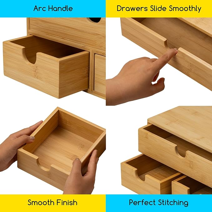 MEEDEN Bamboo Desk Organizer with Drawers: Desktop Storage Drawer Container - Tabletop Storage Organization Box for Office Home Toiletries Supplies - Image 4
