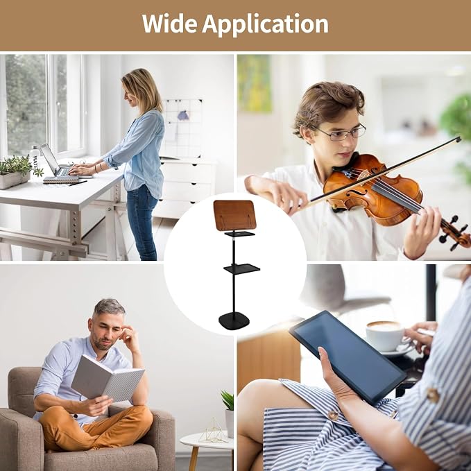 Floor Book Stand with 2 Removable Trays, Adjustable Height Wood Reading Stand for Bed or Sofa, Music Stand Book Holder for Music Sheet, Tilt and Rotate Laptop Holder, Portable Podium Stand - Image 6