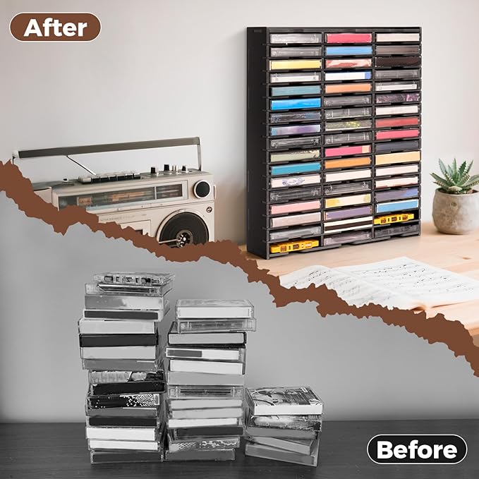 51-Slot Cassette Tape Storage, Desktop Audio Tape Organizer | Wall-Mounted Cassette Holder Rack, Black - Image 6