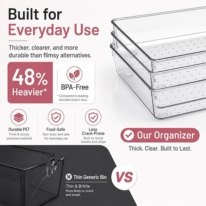 Drawer Organizer, 10 Pack Large Clear Plastic Organizer Bins 5 Sizes, Versatile Bathroom Drawer Trays, Heavy Duty Non‑Slip Drawer Dividers for Makeup, Office & Kitchen Utensils - Image 4